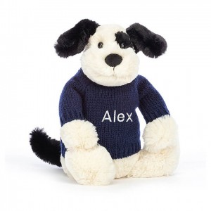 MEDIUM Jellycat Bashful Black & Cream Puppy with Personalised Navy Jumper 31 CM X 12 CM | 742396UIA