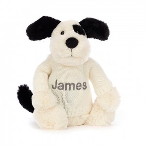 MEDIUM Jellycat Bashful Black & Cream Puppy with Personalised Cream Jumper 31 CM X 12 CM | 837945DYU