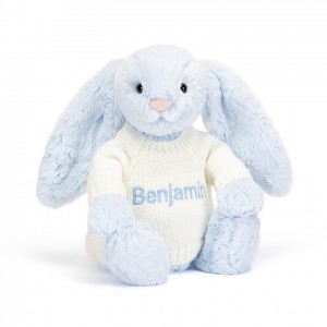 MEDIUM Jellycat Bashful Blue Bunny with Personalised Cream Jumper 31 CM X 12 CM | 420769PLJ