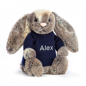 MEDIUM Jellycat Bashful Cottontail Bunny with Personalised Navy Jumper 31 CM X 12 CM | 814752EUJ