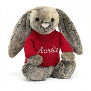 MEDIUM Jellycat Bashful Cottontail Bunny with Personalised Red Jumper 31 CM X 12 CM | 907584YBI