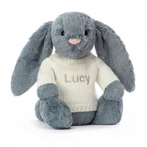 MEDIUM Jellycat Bashful Dusky Blue Bunny with Personalised Cream Jumper 31 CM X 12 CM | 509724KAY