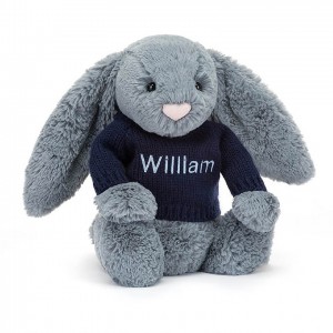 MEDIUM Jellycat Bashful Dusky Blue Bunny with Personalised Navy Jumper 31 CM X 12 CM | 768091TPD