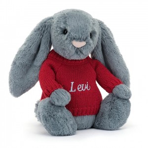 MEDIUM Jellycat Bashful Dusky Blue Bunny with Personalised Red Jumper 31 CM X 12 CM | 762385SPO