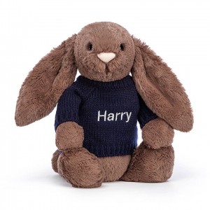 MEDIUM Jellycat Bashful Fudge Bunny with Personalised Navy Jumper 31 CM X 12 CM | 601538QBK