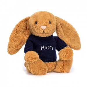 MEDIUM Jellycat Bashful Golden Bunny with Personalised Navy Jumper 31 CM X 12 CM | 046371KHY