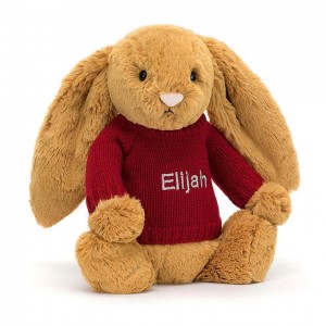 MEDIUM Jellycat Bashful Golden Bunny with Personalised Red Jumper 31 CM X 12 CM | 580749BNL