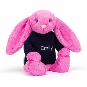 MEDIUM Jellycat Bashful Hot Pink Bunny with Personalised Navy Jumper 31 CM X 12 CM | 628059QEV