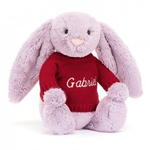 MEDIUM Jellycat Bashful Lilac Bunny with Personalised Red Jumper 31 CM X 12 CM | 179234BDN