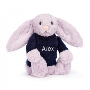 MEDIUM Jellycat Bashful Lilac Bunny with Personalised Navy Jumper 31 CM X 12 CM | 327150YSH