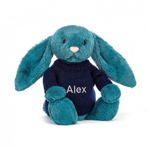 MEDIUM Jellycat Bashful Mineral Blue Bunny with Personalised Navy Jumper 31 CM X 12 CM | 642835ESX