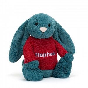 MEDIUM Jellycat Bashful Mineral Blue Bunny with Personalised Red Jumper 31 CM X 12 CM | 852310ZBA