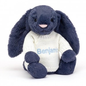 MEDIUM Jellycat Bashful Navy Bunny with Personalised Cream Jumper 31 CM X 12 CM | 945367PHC