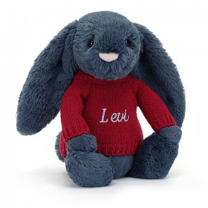 MEDIUM Jellycat Bashful Navy Bunny with Personalised Red Jumper 31 CM X 12 CM | 703195MFO