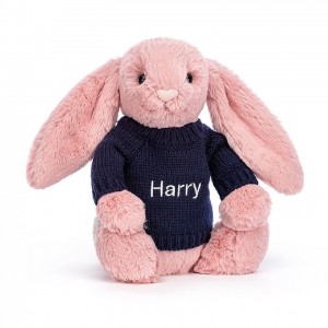 MEDIUM Jellycat Bashful Petal Bunny with Personalised Navy Jumper 31 CM X 12 CM | 472605VDZ