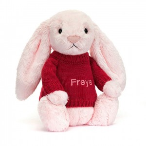 MEDIUM Jellycat Bashful Pink Bunny with Personalised Red Jumper 31 CM X 12 CM | 271589PBV