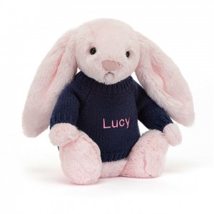 MEDIUM Jellycat Bashful Pink Bunny with Personalised Navy Jumper 31 CM X 12 CM | 180954KDM