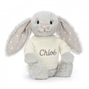 MEDIUM Jellycat Bashful Shimmer Bunny with Personalised Cream Jumper 31 CM X 12 CM | 852913LQG