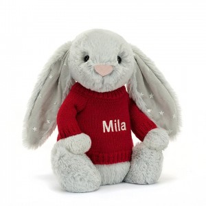 MEDIUM Jellycat Bashful Shimmer Bunny with Personalised Red Jumper 31 CM X 12 CM | 086241HJV