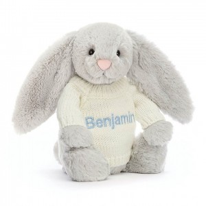 MEDIUM Jellycat Bashful Silver Bunny with Personalised Cream Jumper 31 CM X 12 CM | 278053YOT