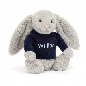 MEDIUM Jellycat Bashful Silver Bunny with Personalised Navy Jumper 31 CM X 12 CM | 362415ZFY