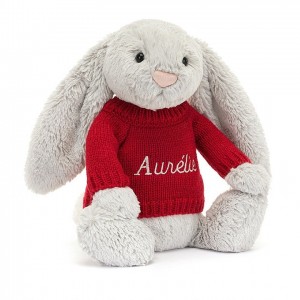 MEDIUM Jellycat Bashful Silver Bunny with Personalised Red Jumper 31 CM X 12 CM | 619207FSH