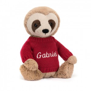 MEDIUM Jellycat Bashful Sloth with Personalised Red Jumper 28 CM X 12 CM | 571026MQP