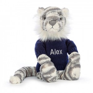 MEDIUM Jellycat Bashful Snow Tiger with Personalised Navy Jumper 31 CM X 12 CM | 815469MGP