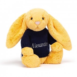 MEDIUM Jellycat Bashful Sunshine Bunny with Personalised Navy Jumper 31 CM X 12 CM | 672134LBI