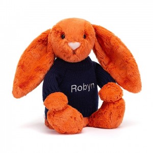 MEDIUM Jellycat Bashful Tangerine Bunny with Personalised Navy Jumper 31 CM X 12 CM | 106892IQZ