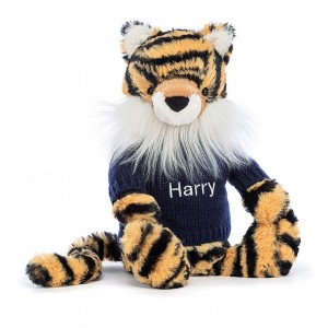 MEDIUM Jellycat Bashful Tiger with Personalised Navy Jumper 31 CM X 12 CM | 201865EWH