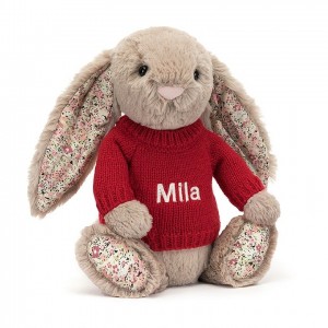 MEDIUM Jellycat Blossom Bea Beige Bunny with Personalised Red Jumper 31 CM X 12 CM | 674018BVP