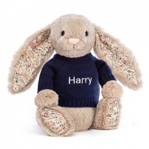 MEDIUM Jellycat Blossom Bea Beige Bunny with Personalised Navy Jumper 31 CM X 12 CM | 209365CWM