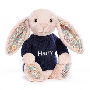 MEDIUM Jellycat Blossom Blush Bunny with Personalised Navy Jumper 31 CM X 12 CM | 486921UBM