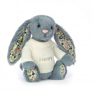 MEDIUM Jellycat Blossom Dusky Blue with Personalised Cream Jumper 31 CM X 12 CM | 379051UOY