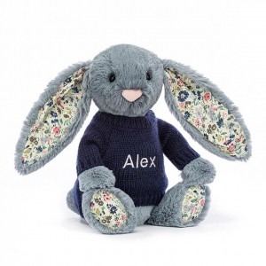 MEDIUM Jellycat Blossom Dusky Blue with Personalised Navy Jumper 31 CM X 12 CM | 374869SOR