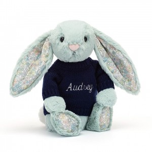 MEDIUM Jellycat Blossom Sage Bunny with Personalised Navy Jumper 31 CM X 12 CM | 358061NVL