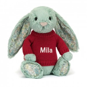 MEDIUM Jellycat Blossom Sage Bunny with Personalised Red Jumper 31 CM X 12 CM | 159863IRW